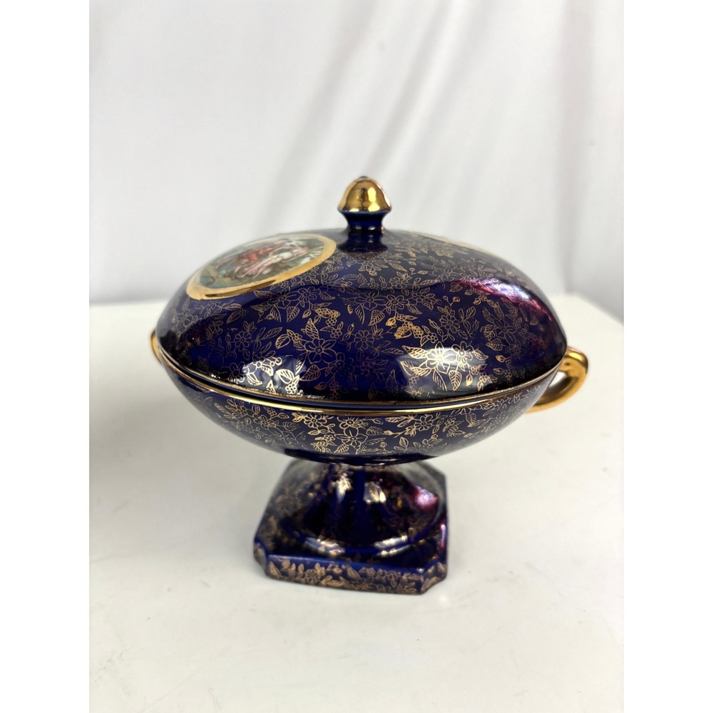 Vintage Cobalt‎ Blue Footed Covered Candy Dish Pair Gold Floral Japan - Picture 5 of 16